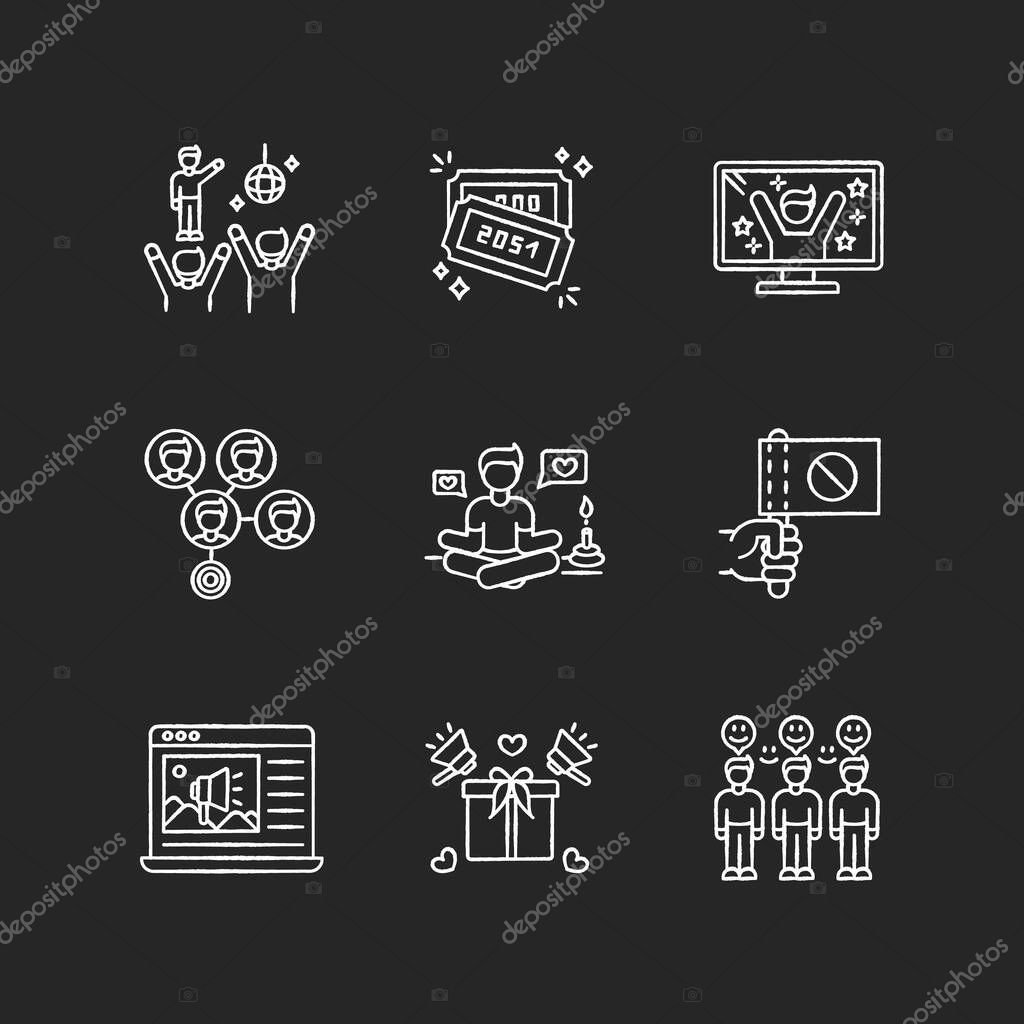 Social media promotion chalk white icons set on black background. Fan meeting. Raffle tickets. TV reality show. Lifestyle guru. Product promotion. Isolated vector chalkboard illustrations