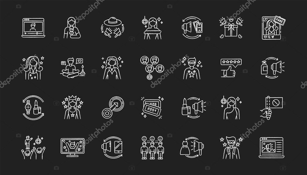 Social media promotion chalk white icons set on black background. Digital marketing with influencers. Product promotion. Loyal audience. Top review. Isolated vector chalkboard illustrations