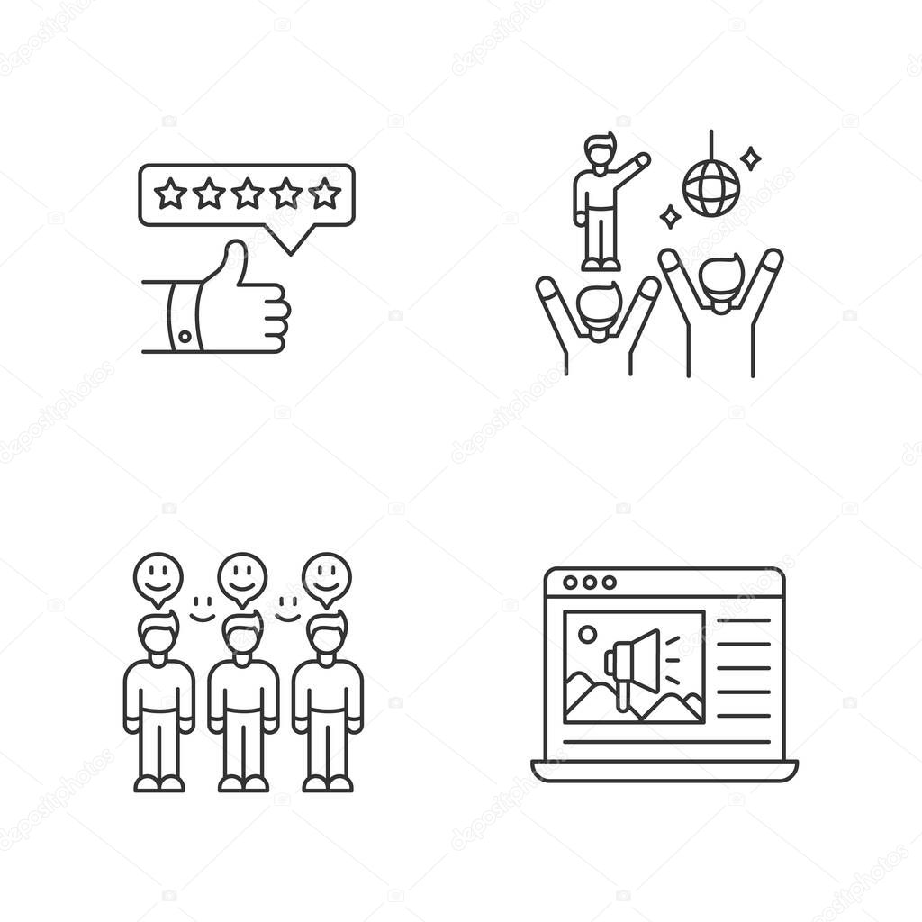 Social media marketing pixel perfect linear icons set. Review rating. Fan meeting. Loyal audience. Customizable thin line contour symbols. Isolated vector outline illustrations. Editable stroke