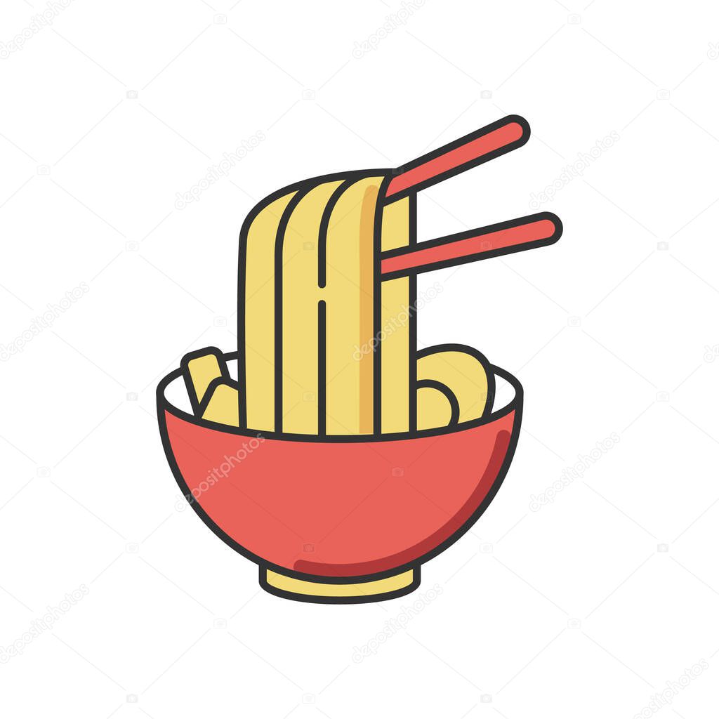 Ramen RGB color icon. Instant noodles in bowl with chopsticks. Traditional japanese soba. Asian cuisine dish. Chinese culinary meal. Korean street fast food. Isolated vector illustration