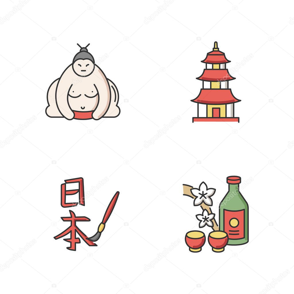 Japan RGB color icons set. Sumo fighter. Shintoism temple. Pagoda style shrine. Asian calligraphy. Sake, alcohol drink. Traditional japanese attributes. Isolated vector illustrations