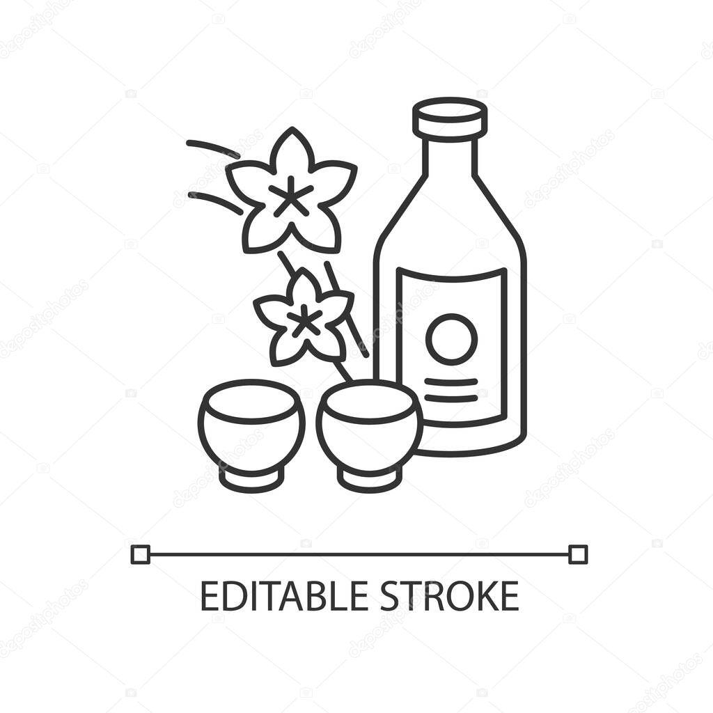 Sake pixel perfect linear icon. Japanese rice wine and sakura branch. Korean soju with two mugs. Thin line customizable illustration. Contour symbol. Vector isolated outline drawing. Editable stroke
