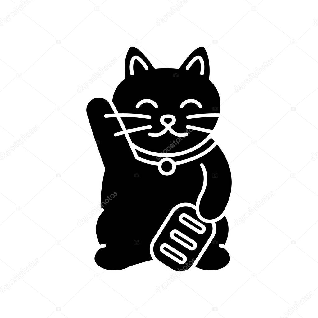 Maneki neko black glyph icon. Traditional japanese mascot to bring fortune. Oriental souvenir from Japan. Kitty talisman for luck. Silhouette symbol on white space. Vector isolated illustration