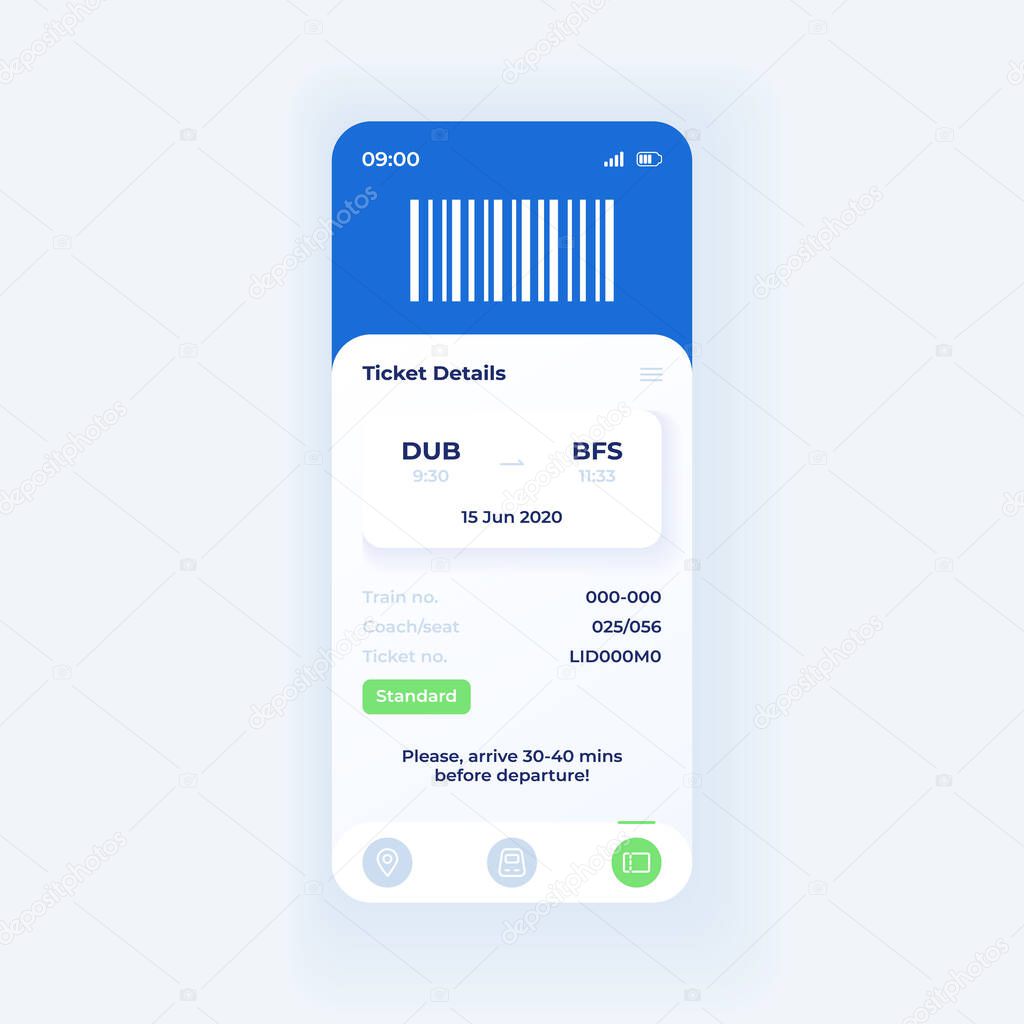 Online booking application smartphone interface vector template. Mobile app page light theme design layout. Ticket details screen. Flat UI for application. Additional information on phone display