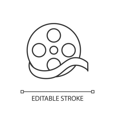 Belgesel film pikseli mükemmel doğrusal simge. İnce çizgi özelleştirilebilir illüstrasyon. Film türü, film kategorisi. Biyografik kontur sembolü. Kamera makarası vektörü izole edilmiş dış hat çizimi. Düzenlenebilir vuruş
