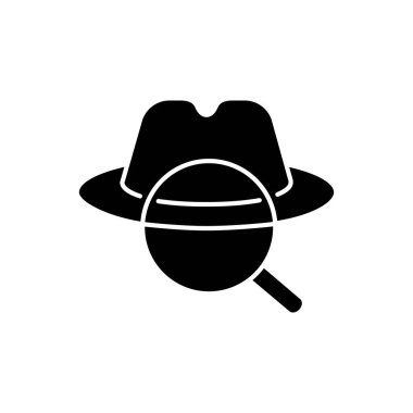 Dedektif Siyah Glyph ikonu. Geleneksel film türü, klasik kara film. Cinayet gizemi, beyaz uzayda suç soruşturması silueti sembolü. Keçeli şapka ve büyüteç taşıyıcısı izole edilmiş illüstrasyon