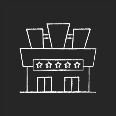 Siyah arkaplanda beyaz tebeşir ikonu. Dışarıdaki sinema binası. Tabelasında yıldızlar olan eğlence merkezi. Şehir merkezi inşaatı. İzole edilmiş vektör karatahta çizimi