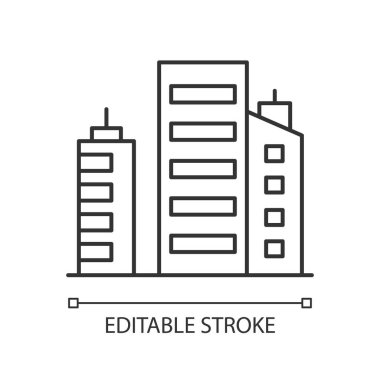 İşletme pikseli mükemmel doğrusal simge oluşturur. Çok katlı apartmanlar. Şirket ofisleri. İnce çizgi özelleştirilebilir illüstrasyon. Contour sembolü. Vektör izole çizim. Düzenlenebilir vuruş