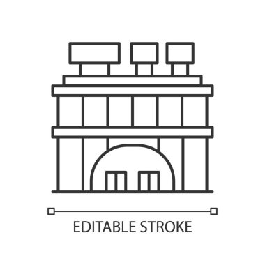 Alışveriş merkezi pikseli mükemmel doğrusal simge. Şehir merkezi girişi. Tabelalı sanayi binası. İnce çizgi özelleştirilebilir illüstrasyon. Contour sembolü. Vektör izole çizim. Düzenlenebilir vuruş
