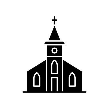 Katolik kilisesi simgesi. Çatıda haç olan dini bir kurum. Hristiyan kasaba kilisesi. Cemaat için İncil. Beyaz uzayda siluet sembolü. Vektör izole illüstrasyonu