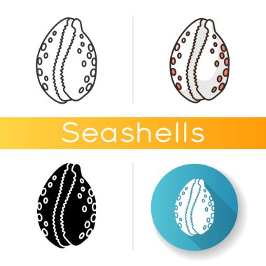 Cowrie kabuğu siyah kabuk simgesi. Dekoratif okyanus hatırası, beyaz uzayda konkoloji silueti sembolü. Luria Cinerea. Boş yumuşakça hayvan, sefalopod kabuk vektörü izole illüstrasyon
