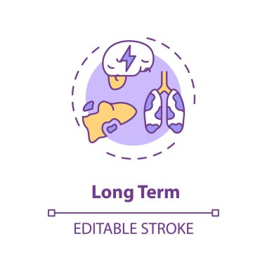 Uzun vadeli konsept ikonu. Esrara maruz kalma sonuçları, ağır sağlık sorunları ince çizgi çizimi. Marihuana hastalıklara neden oldu. Vektör izole edilmiş RGB renk çizimi. Düzenlenebilir vuruş