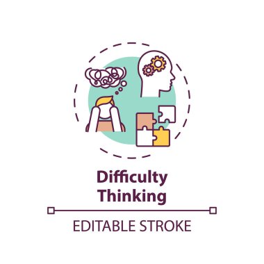 Düşünme zorluğu konsepti ikonu. Marihuana, ince çizgi çizimi için yan etki fikrini kullanır. Karışıklık, şaşkınlık, konsantrasyon sorunları. Vektör izole edilmiş RGB renk çizimi. Düzenlenebilir vuruş