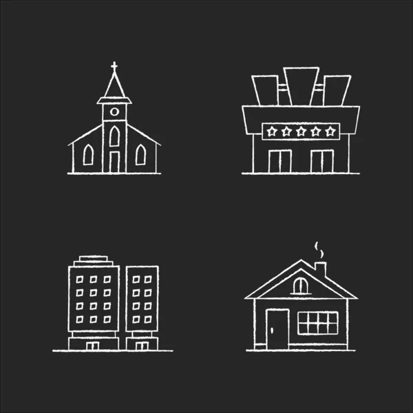 城市建筑粉笔白色图标设置在黑色背景 城市教堂 电影院的入口 多公寓建筑群 住宅住宅 孤立的病媒黑板插图 — 图库矢量图片