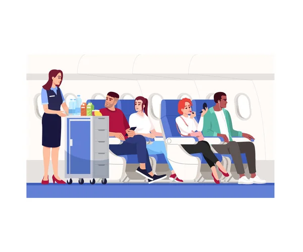 Illustrazione Vettoriale Semi Piatta All Interno Dell Aeroplano Gli Hostess — Vettoriale Stock