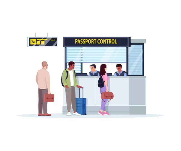 Yarı Düz Rgb Renk Çizimi Pasaport Kontrolü Kuyruğu Havaalanı Terminalinde — Stok Vektör