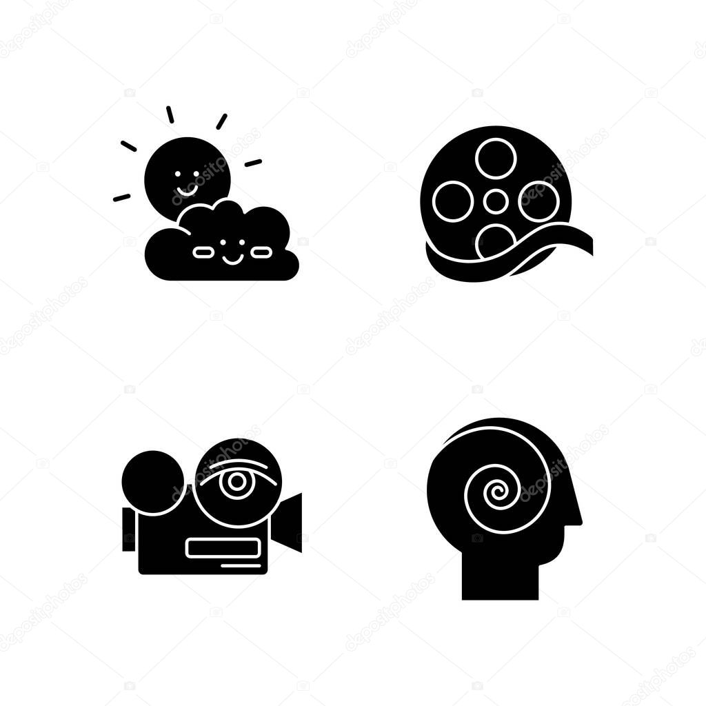 Movies and TV genres black glyph icons set on white space. Children cartoons, documentary, arthouse and philosophical films silhouette symbols. Modern filmmaking styles. Vector isolated illustration