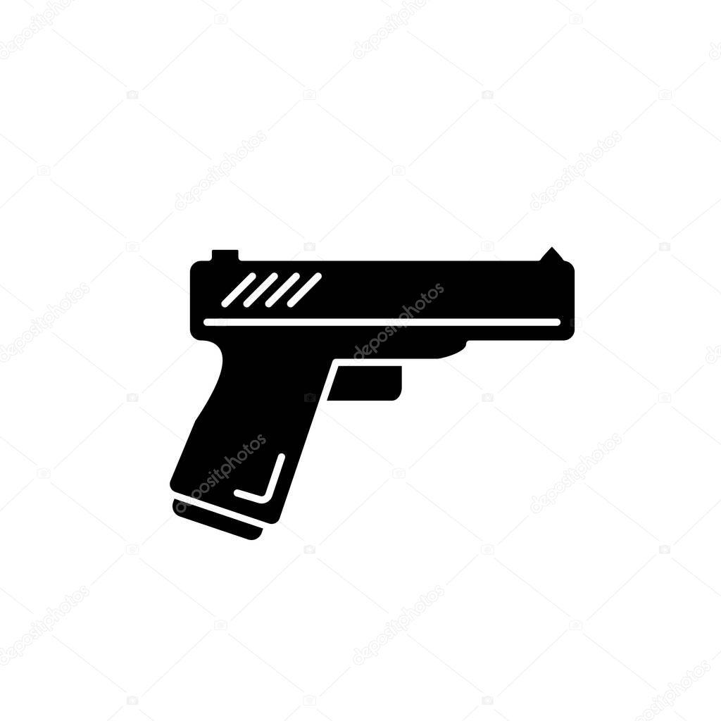 Action flick black glyph icon. Popular movie genre, common cinema category silhouette symbol on white space. Violent military film, spy fiction. Handgun, weapon vector isolated illustration
