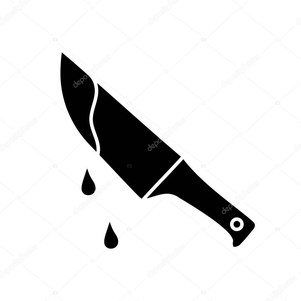 Thriller movie black glyph icon. Suspenseful cinema genre, survival horror, action silhouette symbol on white space. Shocking films with gore and violence. Bloody knife vector isolated illustration