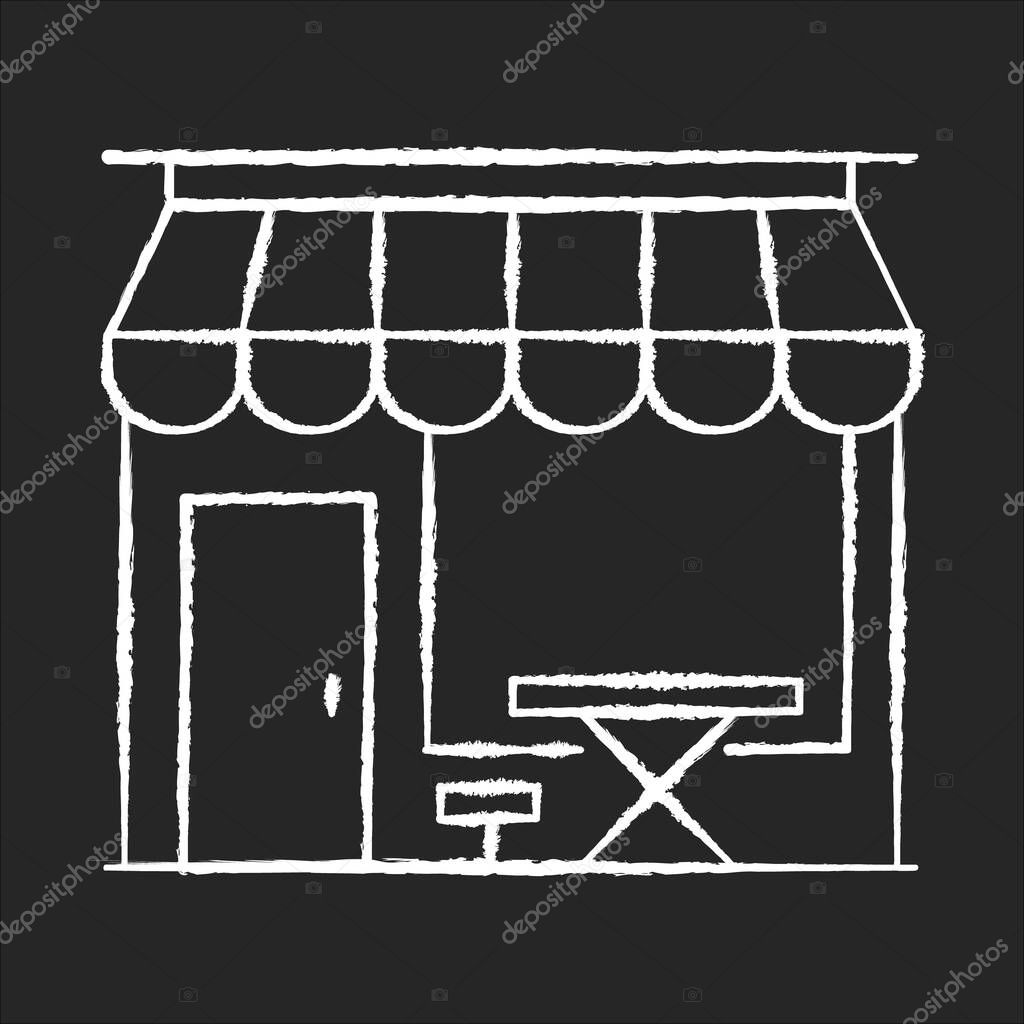 Cafe front chalk white icon on black background. Coffeeshop storefront. Cafeteria exterior. Bistro building with awning. Table and chair at diner terrace. Isolated vector chalkboard illustration