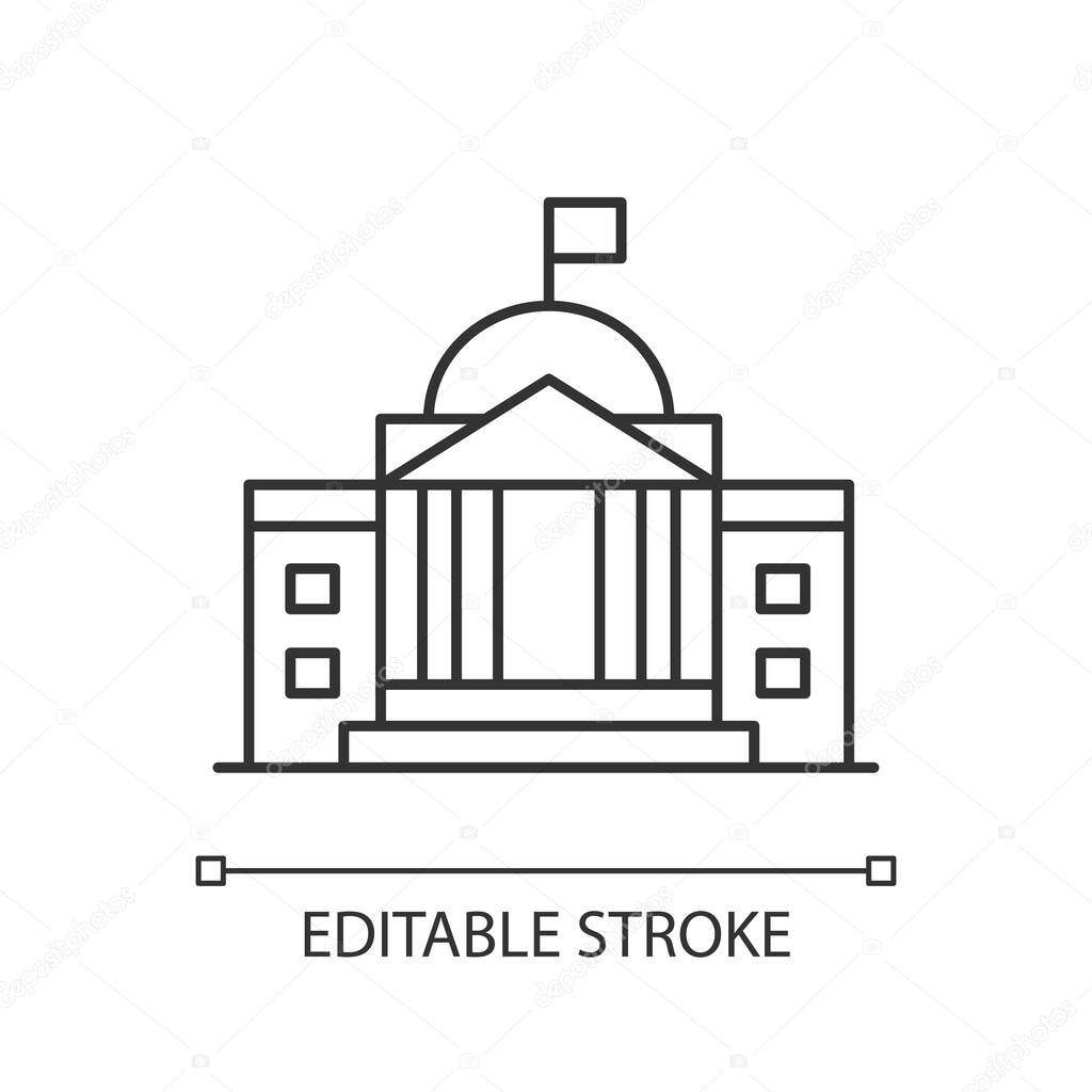 State institution pixel perfect linear icon. Supreme court building entrance. National museum. Thin line customizable illustration. Contour symbol. Vector isolated outline drawing. Editable stroke