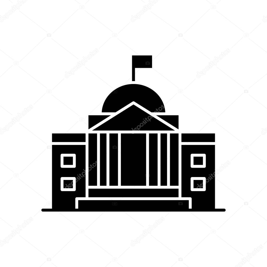 State institution black glyph icon. Supreme court building entrance. National museum exterior. Urban bank. Embassy facade. Silhouette symbol on white space. Vector isolated illustration