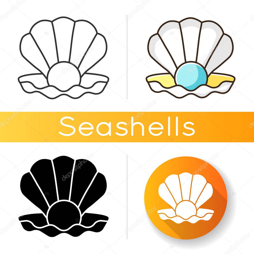 Open clam with pearl black glyph icon. Exotic seashell with precious gem. Ocean souvenir, conchology silhouette symbol on white space. Scallop shell, oyster, mussel vector isolated illustration
