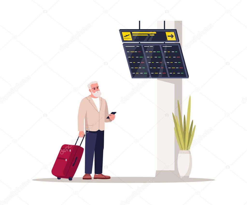 Waiting airline lounge semi flat RGB color vector illustration. Senior man wait for flight. Tourist check timetable in lobby. Airport passenger isolated cartoon character on white background