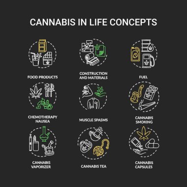 Kenevir tebeşiri RGB renk konsepti simgeleri seti. Psikoaktif ilaç, narkotik bitki fikri. Marihuana efektleri, eğlence ve tıbbi kullanım. Siyah arkaplanda izole edilmiş karatahta çizimleri