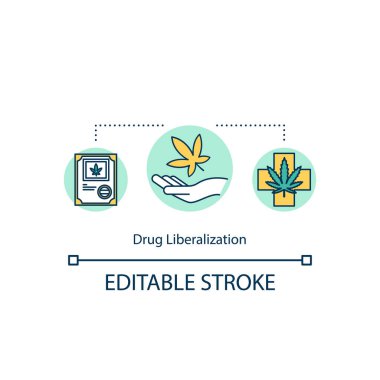 Uyuşturucu serbestleştirme konsepti ikonu. Marihuana yasallaştırma hukuku ince çizgi çizimi fikri. Esrar yasal imalatı. Vektör izole edilmiş RGB renk çizimi. Düzenlenebilir vuruş