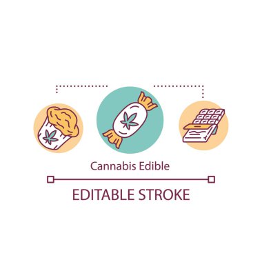 Esrar yenilebilir konsept ikonu. Yiyecek ürünlerinde marihuana kullanılıyor. Kekin içindeki kenevir, çikolata ve şeker ince çizgi çizimi fikri. Vektör izole edilmiş RGB renk çizimi. Düzenlenebilir vuruş