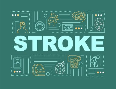 Stroke word concepts banner. Cardiovascular disease. Heart attack. High blood pressure. Infographics with linear icons on green background. Isolated typography. Vector outline RGB color illustration clipart