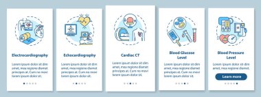 Kalp taraması mobil uygulama sayfa ekranında konseptlerle birlikte. Glikoz seviyesi kan testi 5 aşamalı grafik talimatlar. RGB renk resimleriyle UI vektör şablonu