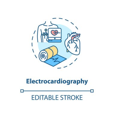 Elektrokardiyografi konsepti ikonu. Kalp taraması, tıbbi muayene fikri ince çizgi çizimi. CVD teşhisi, kalp ritmi izleme. Vektör izole edilmiş RGB renk çizimi. Düzenlenebilir vuruş
