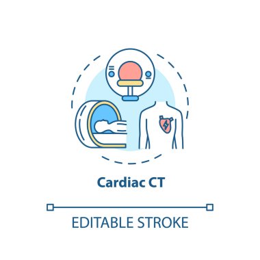 Cardiac CT concept icon. X ray scanning, cardiovascular diseases diagnostics idea thin line illustration. Cardiology, computed tomography. Vector isolated outline RGB color drawing. Editable stroke clipart