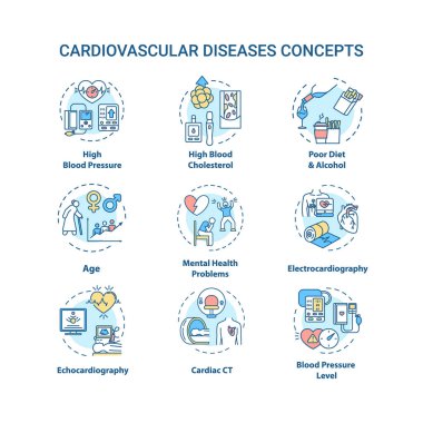 Cardiovascular diseases concept icons set. Heart illness, cardiac problems idea thin line RGB color illustrations. CVD symptoms and diagnostics. Vector isolated outline drawings. Editable stroke clipart