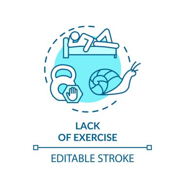 Egzersiz konsepti ikonu eksikliği. Sağlıksız yaşam tarzı, pasif dinlenme fikri ince çizgi çizimi. Kardiyovasküler hastalıklar faktörü, CVD nedeni. Vektör izole edilmiş RGB renk çizimi. Düzenlenebilir vuruş