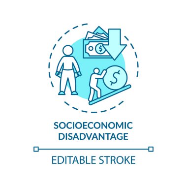 Sosyoekonomik dezavantaj konsepti ikonu. Sosyal sınıf eşitsizliği, düşük gelir fikri ince çizgi çizimi. CVD faktörleri, finansal sorunlar. Vektör izole edilmiş RGB renk çizimi. Düzenlenebilir vuruş