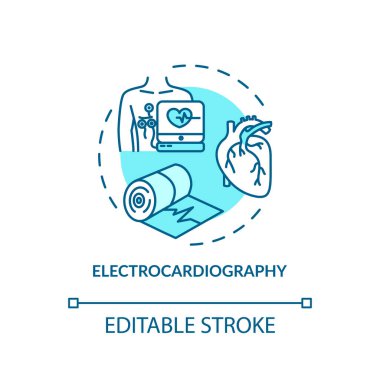 Elektrokardiyografi konsepti ikonu. Kalp taraması, klinik muayene fikri ince çizgi çizimi. CVD teşhisi, kalp ritmi kontrolü. Vektör izole edilmiş RGB renk çizimi. Düzenlenebilir vuruş