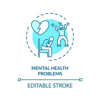 Akıl sağlığı sorunları konsepti ikonu. CVD nedenleri, psikolojik faktörler ince çizgi çizimi fikri. Bipolar bozukluk, depresyon ve endişe. Vektör izole edilmiş RGB renk çizimi. Düzenlenebilir vuruş