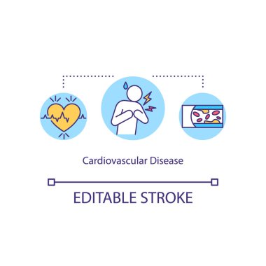 Cardiovascular disease concept icon. Myocardial infarction idea thin line illustration. Cardiac dysrhythmias. Health problem. Vector isolated outline RGB color drawing. Editable stroke clipart