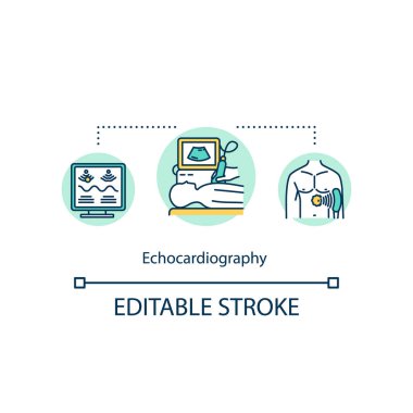 Ekokardiyografi konsepti ikonu. Kardiyak tarama fikri ince çizgi çizimi. Kalp ultrasonu muayenesi. Tıbbi kontrol. Vektör izole edilmiş RGB renk çizimi. Düzenlenebilir vuruş