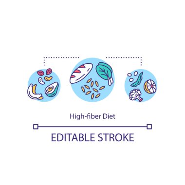 Yüksek lifli diyet konsepti. Vejetaryen yemek fikri ince çizgi çizimi. Sağlıklı bir yaşam tarzı. Meyve ve sebze yemek. Vektör izole edilmiş RGB renk çizimi. Düzenlenebilir vuruş