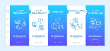Heart screening onboarding vector template. Cardiovascular disease diagnostics. Medical check up. Responsive mobile website with icons. Webpage walkthrough step screens. RGB color concept clipart