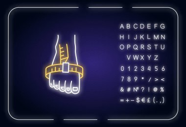 Ayak eklem çevresi neon ışık ikonu. Dış ışıltı etkisi. Alfabe, sayılar ve sembollerle imzala. Özel dikilmiş ayakkabılar için vücut parametreleri tanımlaması. Vektör izole edilmiş RGB renk çizimi