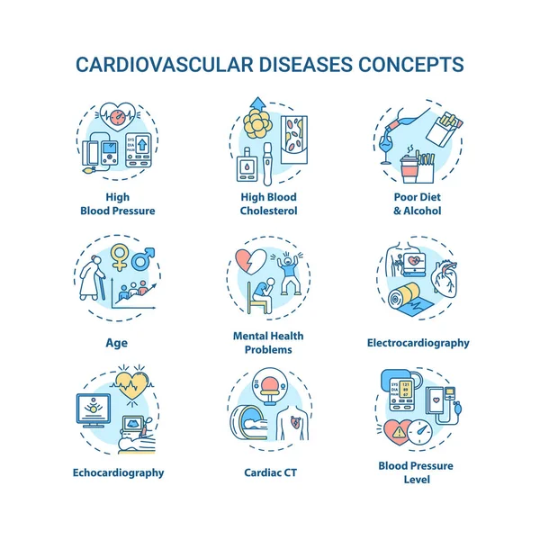 Set Icone Concettuali Malattie Cardiovascolari Malattia Cardiaca Problemi Cardiaci Idea — Vettoriale Stock