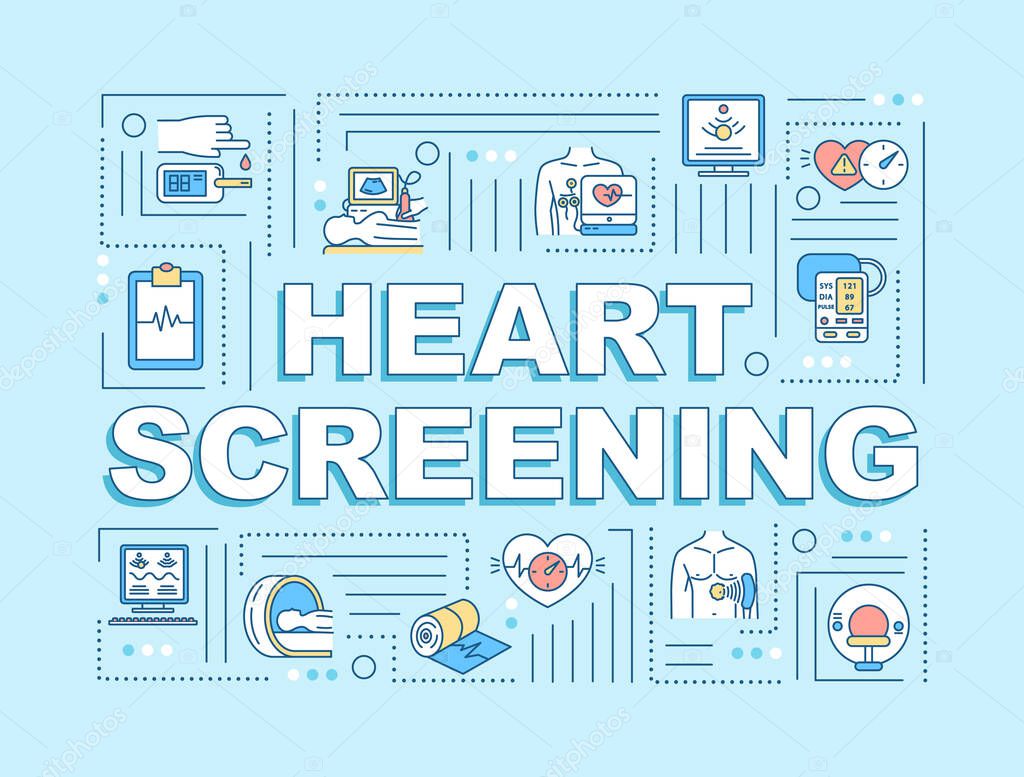 Heart screening word concepts banner. Medical check up. Cardiac disease prevention. Infographics with linear icons on light blue background. Isolated typography. Vector outline RGB color illustration