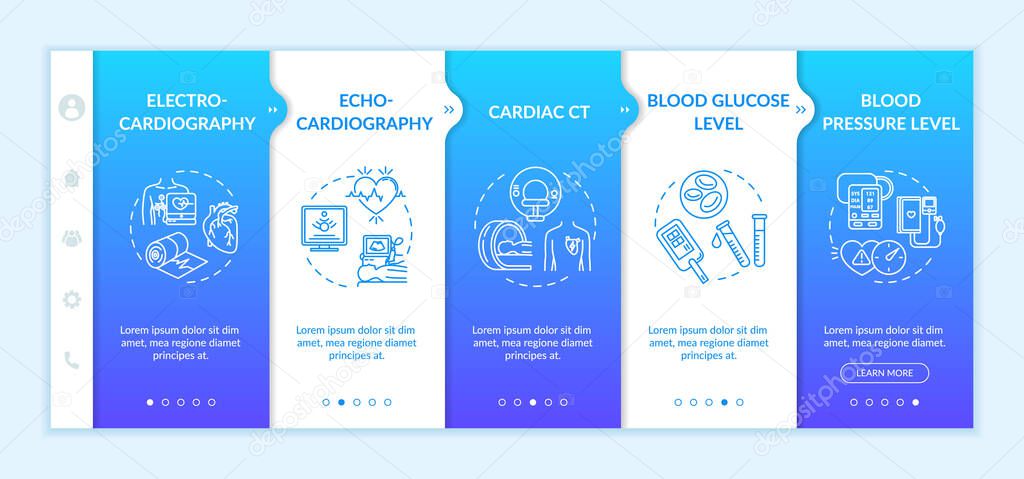 Heart screening onboarding vector template. Cardiovascular disease diagnostics. Medical check up. Responsive mobile website with icons. Webpage walkthrough step screens. RGB color concept
