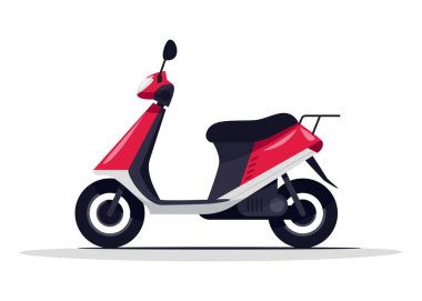 Kırmızı motosiklet yarı düz RGB renk çizimi. İtalya seyahati için klasik moped kirası. Motosiklet sürmek için şehir motosikleti. Kargo taşımacılığı beyaz arkaplanda izole edilmiş çizgi film nesnesi