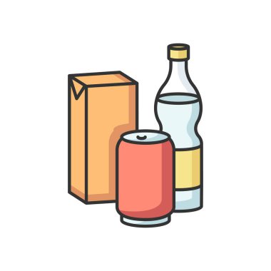 İçecek RGB renk simgesi. Cam şişede köpüklü su. Alüminyum kutuda soda. Karton kutuda meyve suyu. Çeşitli meşrubatlar. Plastik içinde tatlı ve köpüklü bir sıvı. İzole vektör illüstrasyonu